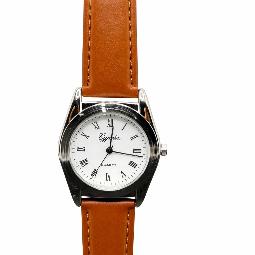 Cyprea Quartz Watch Men‎ Analog Faux Leather Brown Strap Roman Numeral Buckle